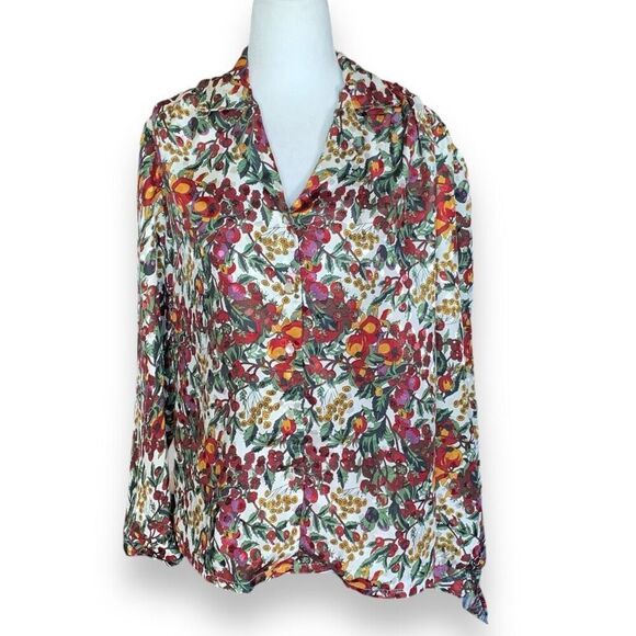 Vintage 90s Shirt Multicolor Fruit Dark Floral Print Reflective Satin Blouse 10 - Picture 10 of 10